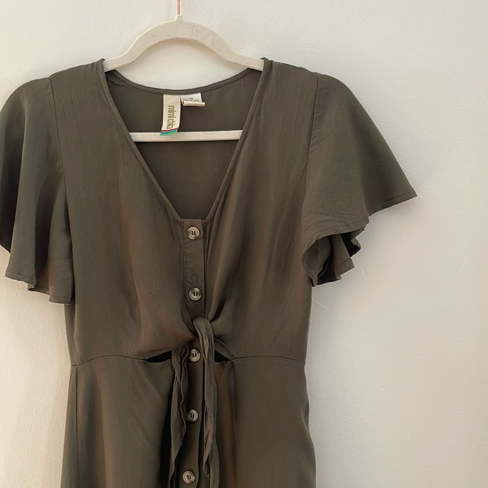 Olive green button up dress with cap sleeves